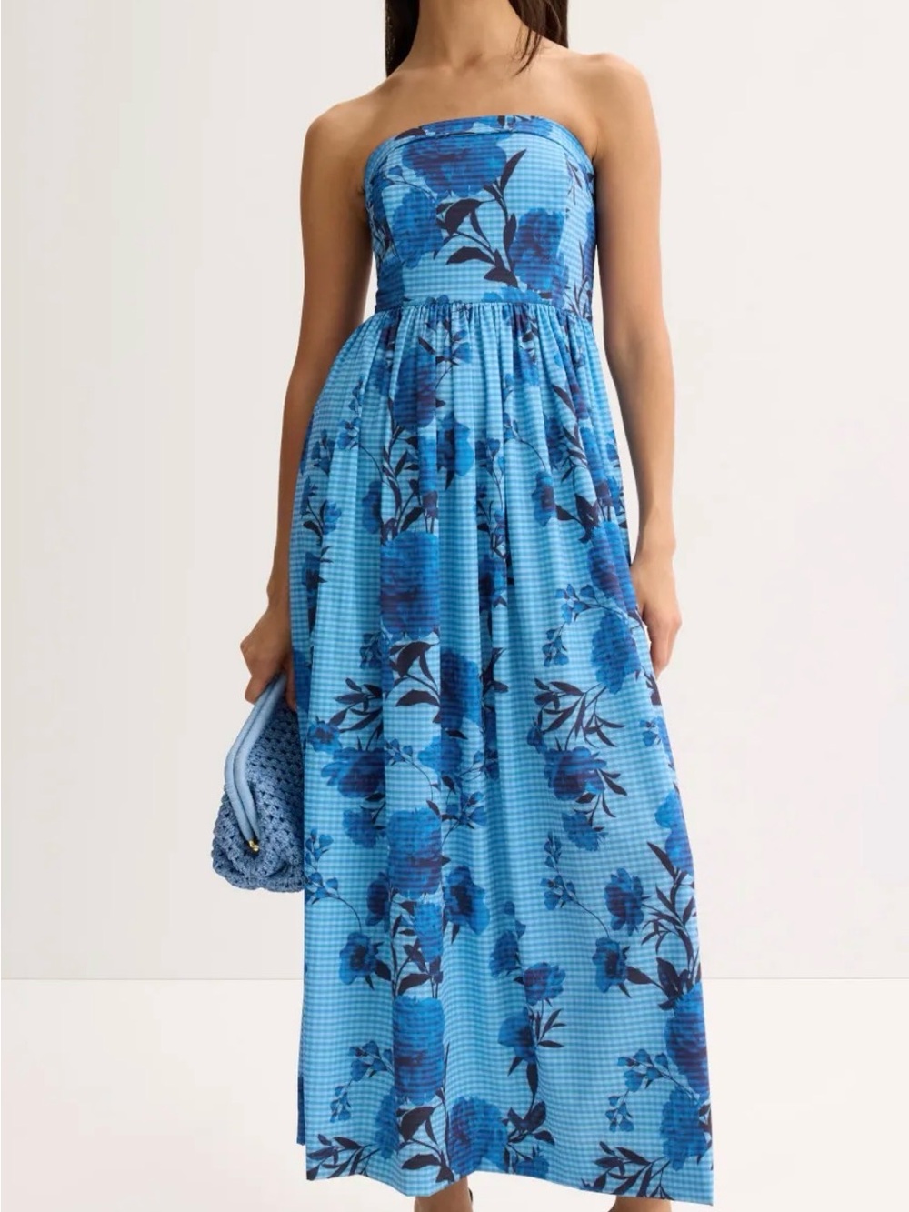 Badgley Mischka Sky and Navy Floral Strapless Maxi Dress - Picture 1 of 5